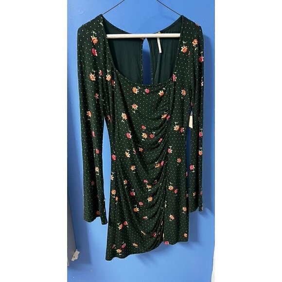Free People Floral Green Polka Dot Mini Dress With Ruched Front & Keyhole Back, - Picture 5 of 11
